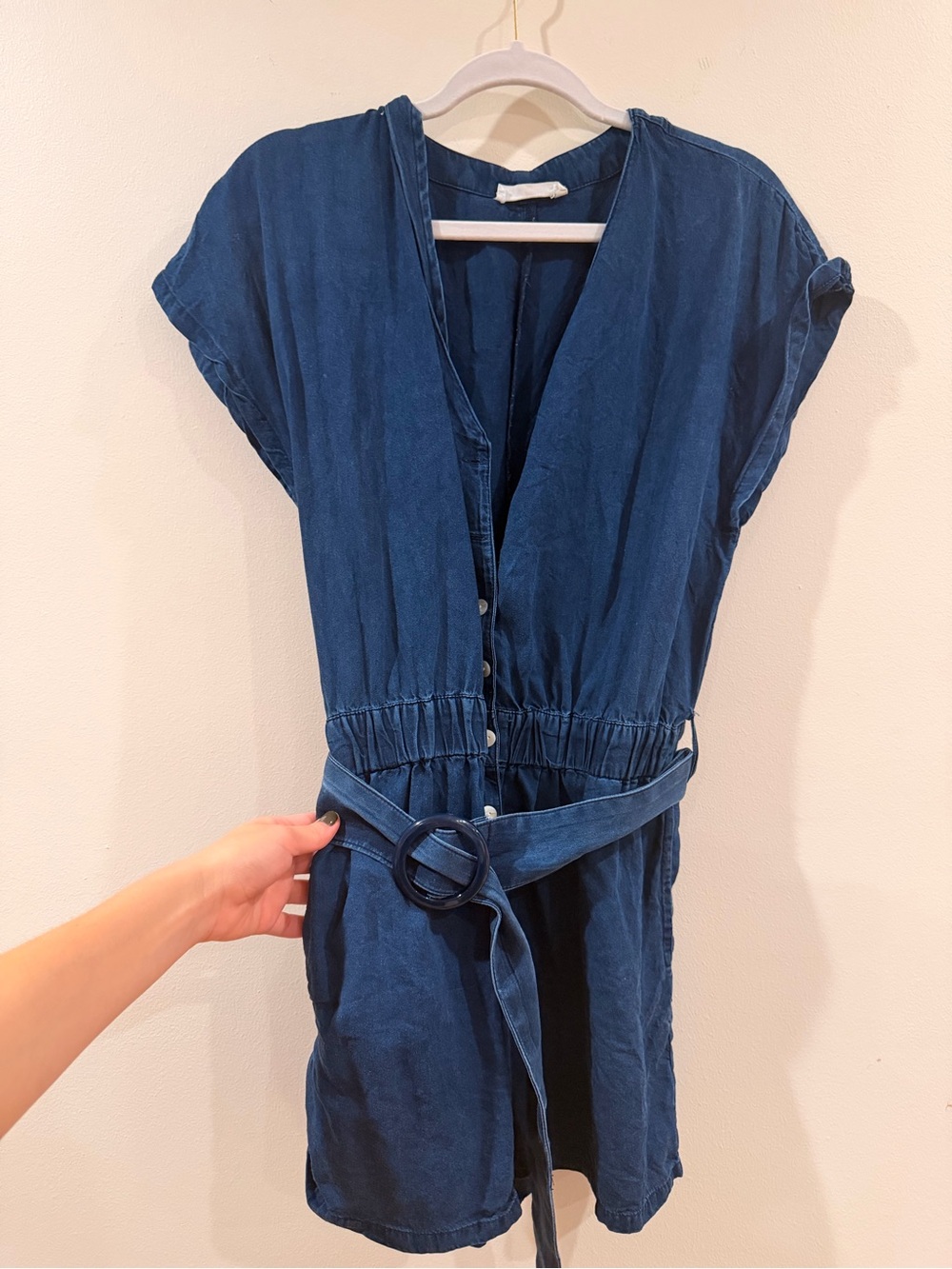 Mango Indigo Button-Front Short-Sleeve Belted Romper